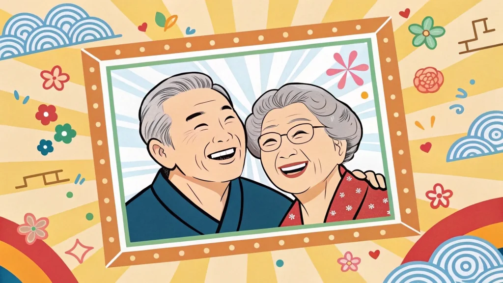 白髪の両親二人が笑顔で金婚式似顔絵になっている様子