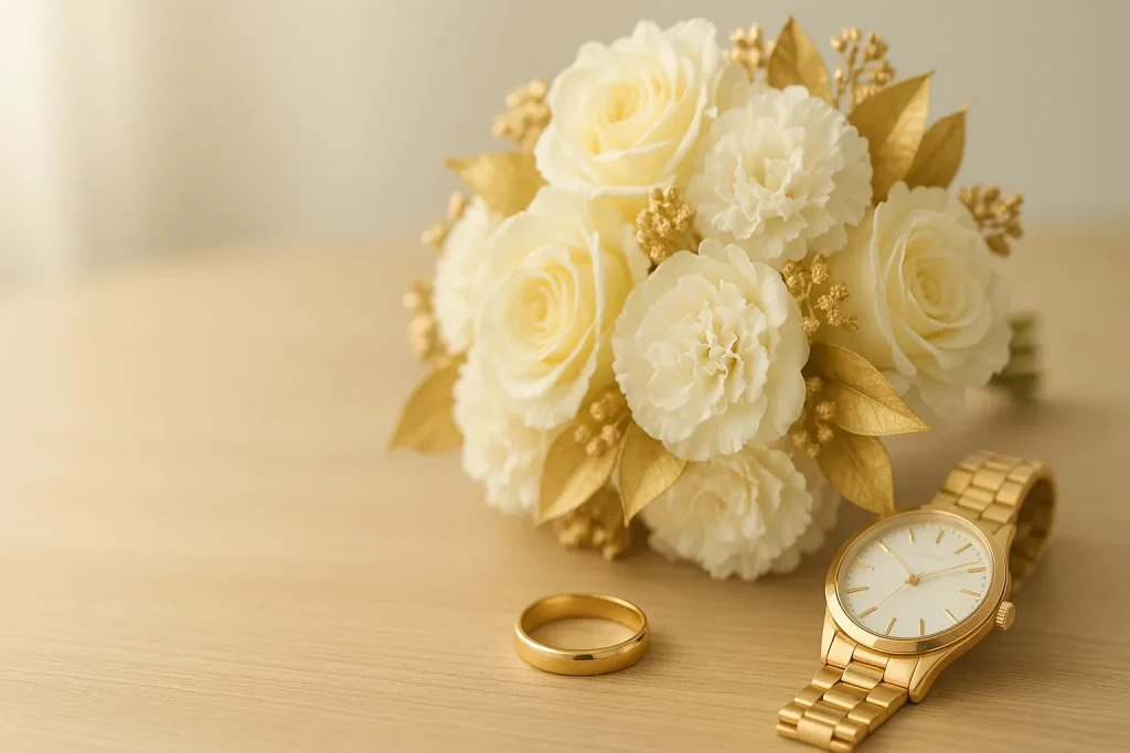 金婚式を連想させる白と金の花束と記念時計・リングの静物