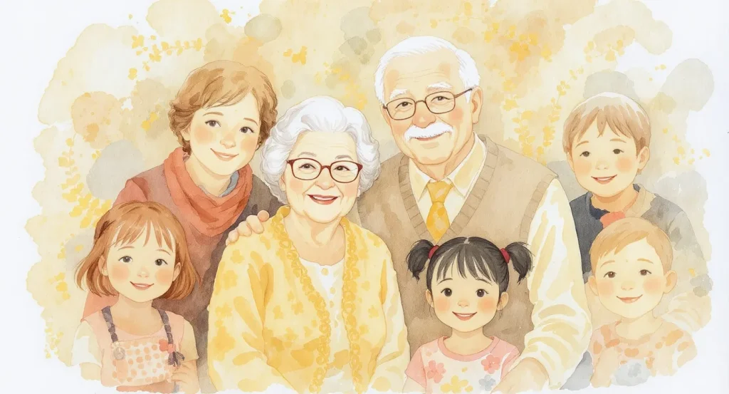 家族みんなを描いた金婚式向けの水彩似顔絵（額装例）